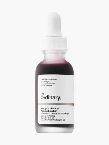 The Ordinary AHA 30% + BHA 2% Peeling Solution dropper bottle of dark red peeling solution with white label and dropper cap on light gray background